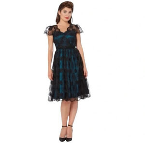 Voodoo Vixen NEW Black Teal Embroidered Lace Overlay Witchy Retro Pin Up Dress S